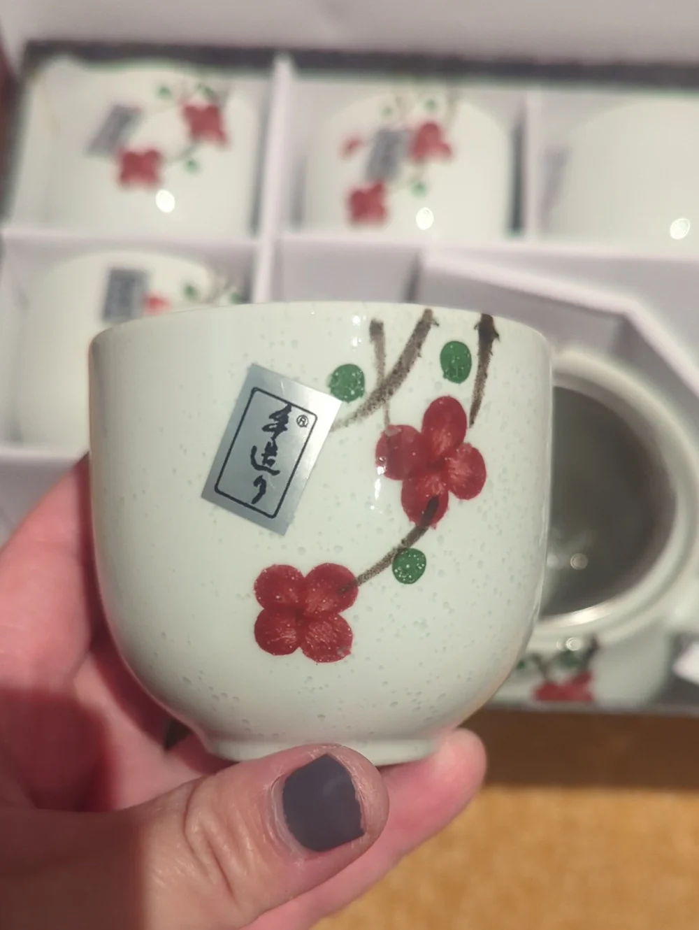 Ceramic White Teapot and Cup Set with Red Floral Accents